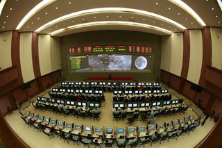 This image shows the view inside China's mission control center for the Chang'e 3 moon lander and rover mission in December 2013.