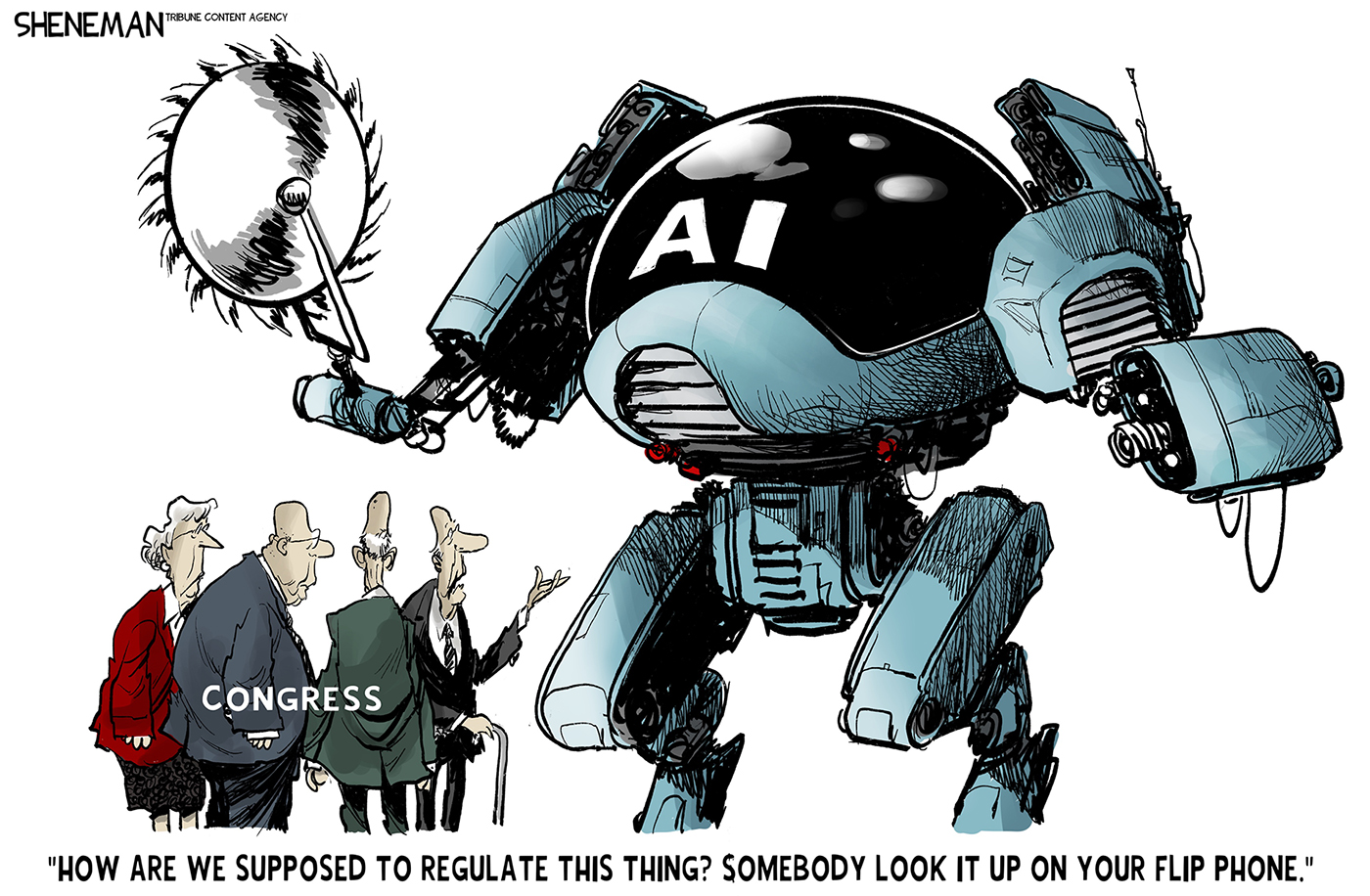 A group of elderly male and female congresspeople look at a large, fierce-looking AI robot that has a circular saw instead of a right hand. A congressman with a cane says, &amp;ldquo;How are we supposed to regulate this thing? Somebody look it up on your flip phone.&amp;rdquo;
