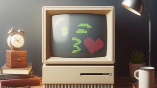 Retro computer with monitor blowing kiss to user in ASCII