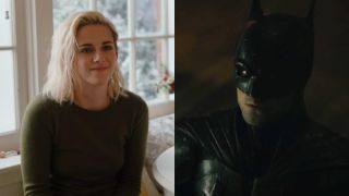 Kristen Stewart in Happiest Season role and Robert Pattinson as Batman