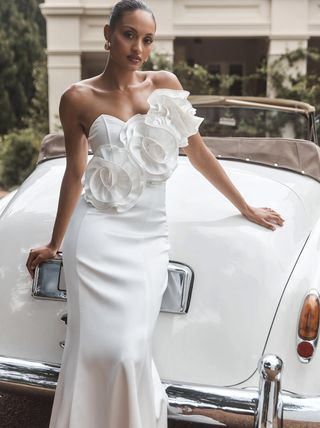 Olivia Strapless Satin Rose Wedding Gown - White