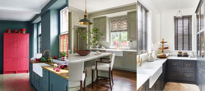 What do you put over a kitchen sink window? Three examples of window treatments on window above kitchen sink. Half curtain, patterned fabric blind, Venetian blind.