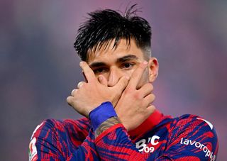 Santiago Castro of Bologna celebrates scoring his team's fourth goal during the Coppa Italia match between Bologna FC and AC Monza at Renato Dall'Ara Stadium on December 03, 2024 in Bologna, Italy.