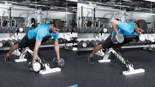 A and B positions of the reverse incline dumbbell row