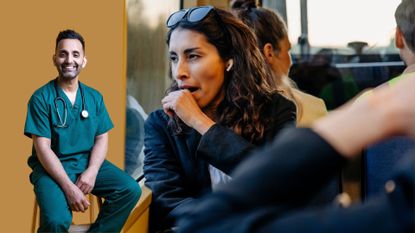 Woman yawning on bus wearing headphones next to Dr Amir Khan