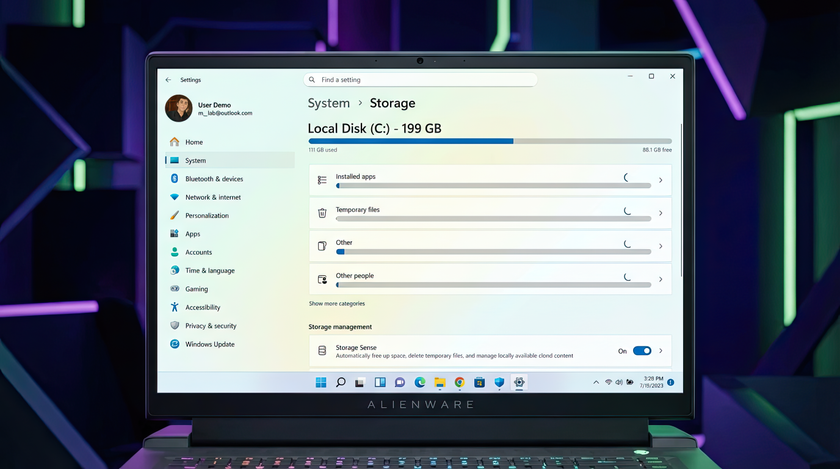 Screenshot on an Alienware gaming laptop that shows the Storage settings for Windows 11.