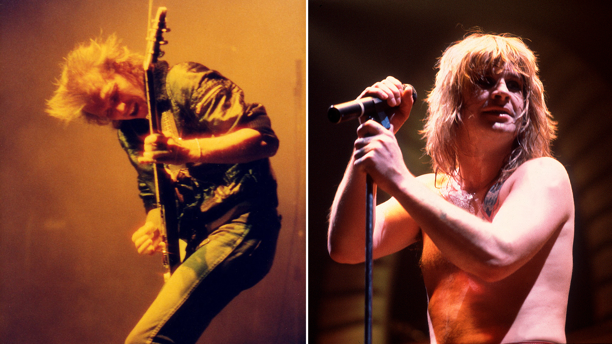 Michael Schenker performs on stage at Hammersmith Odeon on November 24th, 1982 in London, United Kingdom AND Ozzy Osbourne performs at the Rosemont Horizon, Rosemont, Illinois, January 24, 1982