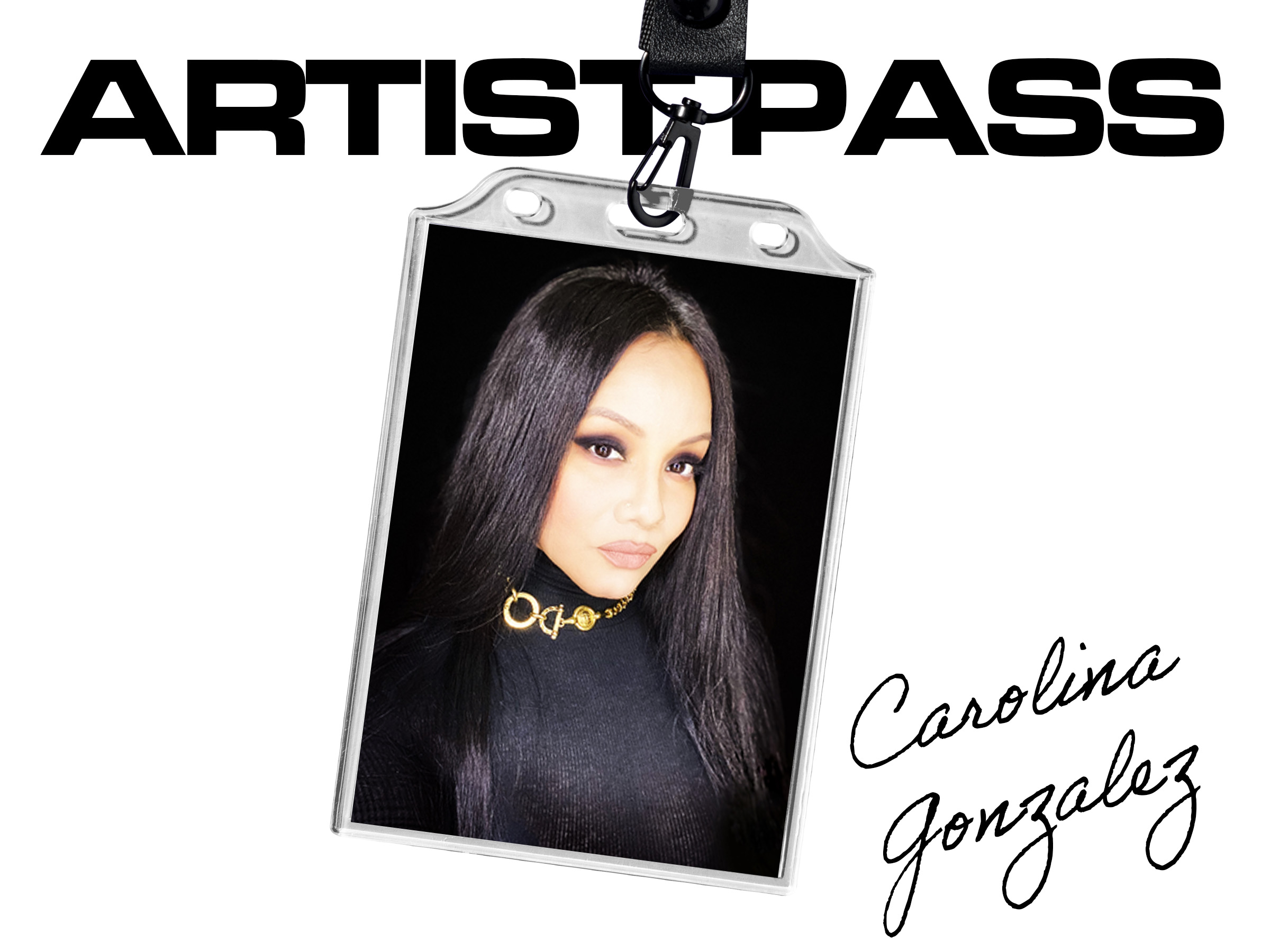 ID image of Carolina Gonzalez on a lanyard, with Artist Pass written behind it.