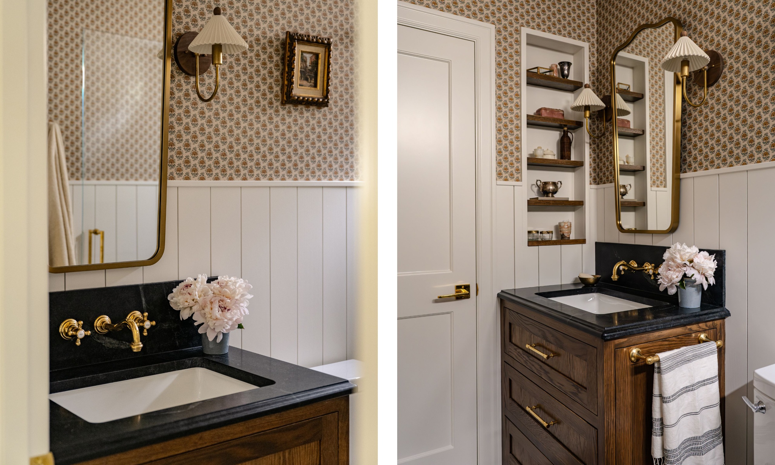 Two images of a small bathroom with white paneling and ditsy floral wallpaper above. A wooden dresser with a sink, soapstone counter, and brass hardware. A brass mirror and two brass-and-ceramic wall sconces.