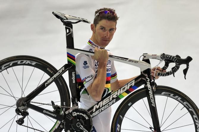 Rui Costa shows off his new bike which has his rainbow bands