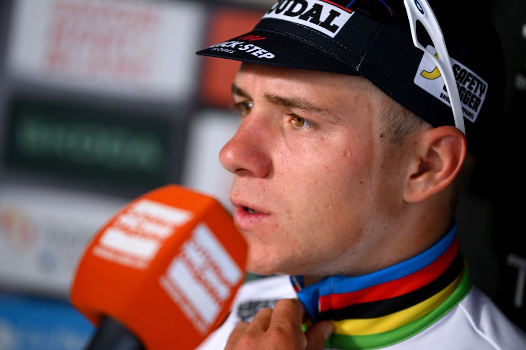 NEULISE FRANCE JUNE 05 Stage winner Remco Evenepoel of Belgium and Team Soudal QuickStep waits a t the hot seat during the 76th Criterium du Dauphine 2024 Stage 4 a 344km individual time trial at stage from SaintGermainLaval to Neulise 552m UCIWT on June 05 2024 in Neulise France Photo by Dario BelingheriGetty Images