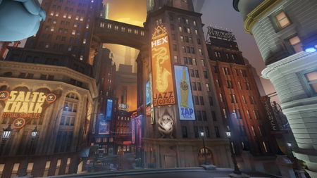 An image of the middle lane in Deadlock, a bright, neon 1950s representation of Times Square.