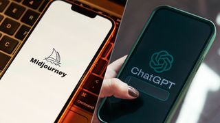 Phones with the logos for Midjourney and ChatGPT