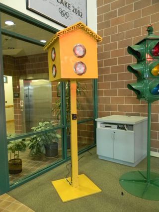 This is a replica of Lester Wire's "birdhouse" traffic signal.