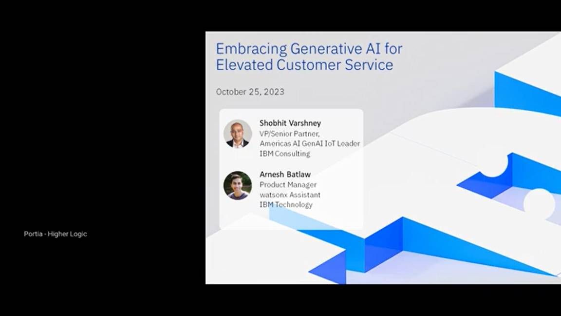 introductory slide from an IBM webinar called Embracing generative AI for elevated customer service