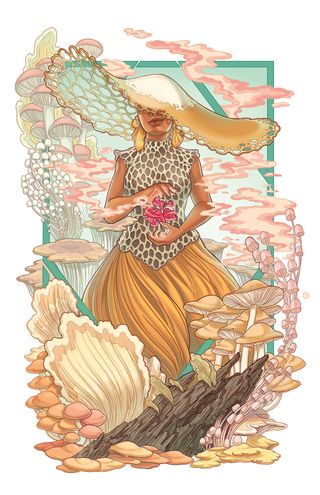 Diversity in art: illustration of a woman of colour in a fantasy world surrounded by mushrooms