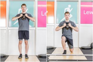 Male cyclist completing lunges with a kettlebell