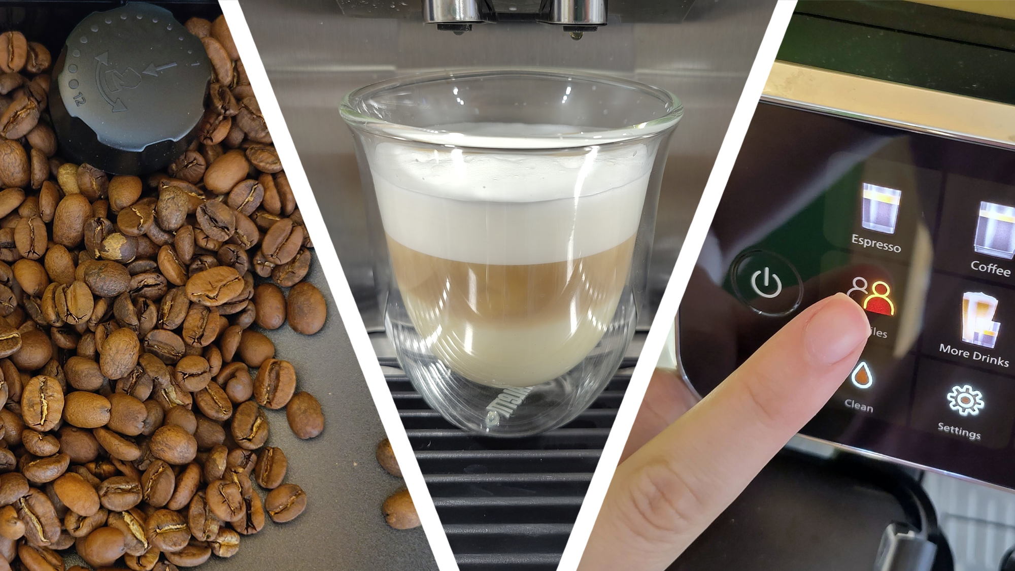 Coffee beans in hopper, latte macchiato, and person's hand using bean-to-cup coffee machine