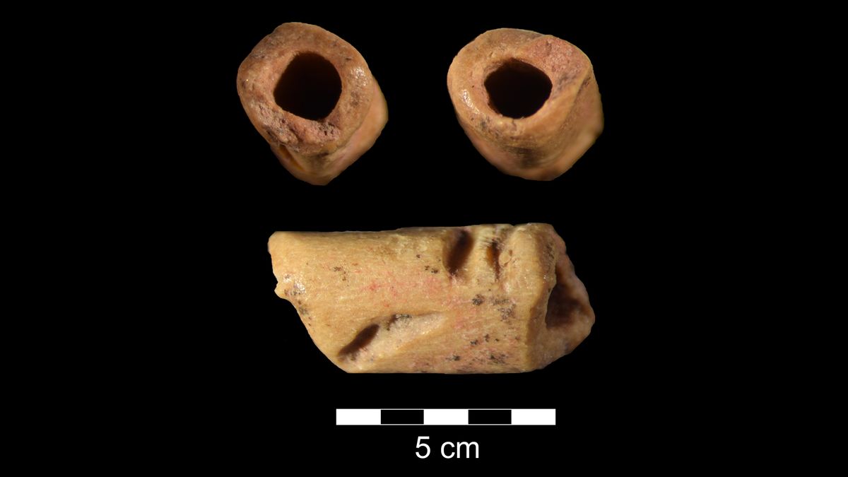 Three angles of a tube-shaped bead made of bone.