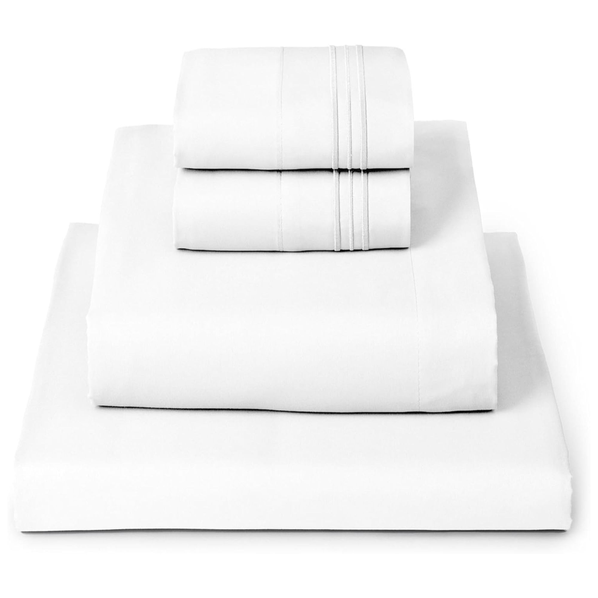 A white pile of white Mellani Queen sheets