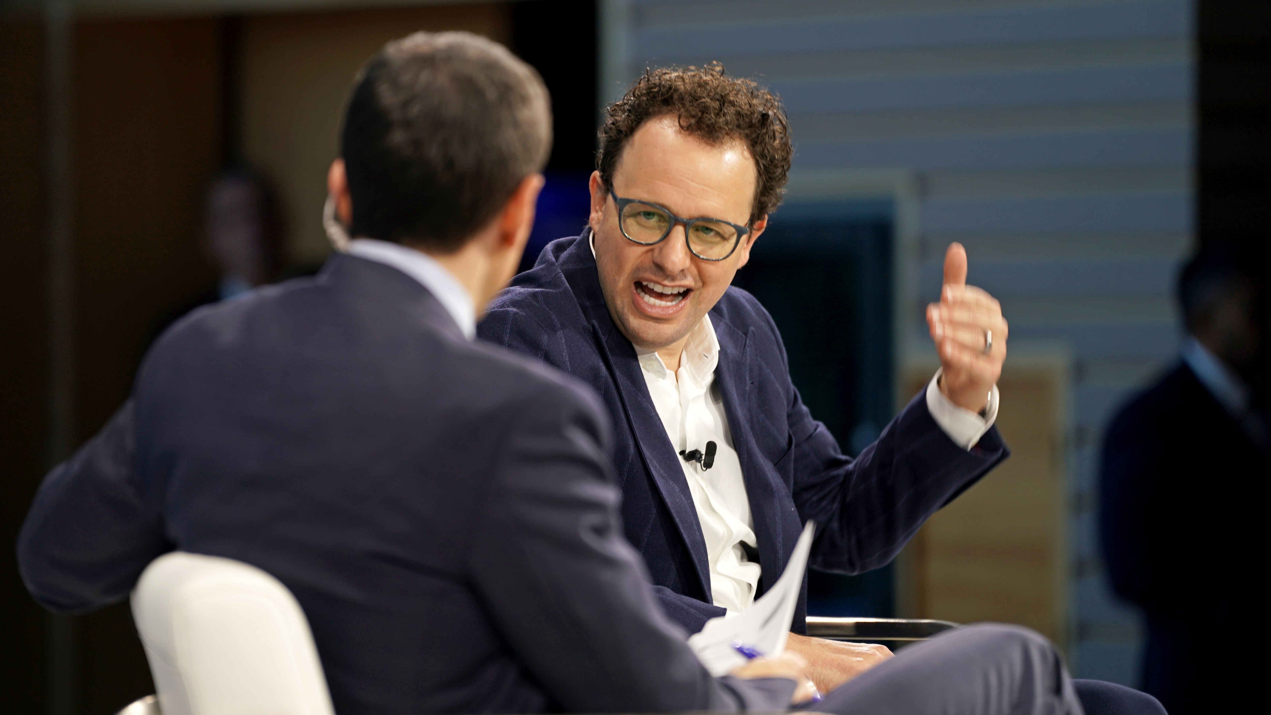 Andrew Ross Sorkin and Dario Amodei (L:R) speak onstage during The New York Times DealBook Summit 2025 at Jazz at Lincoln Center on December 03, 2025 in New York City.