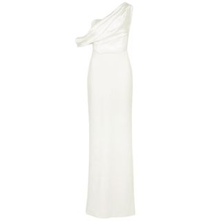 white dress, one shouldered with drape