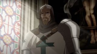 Oliver Queen dressed as a knight in Batman: The Doom That Came to Gotham