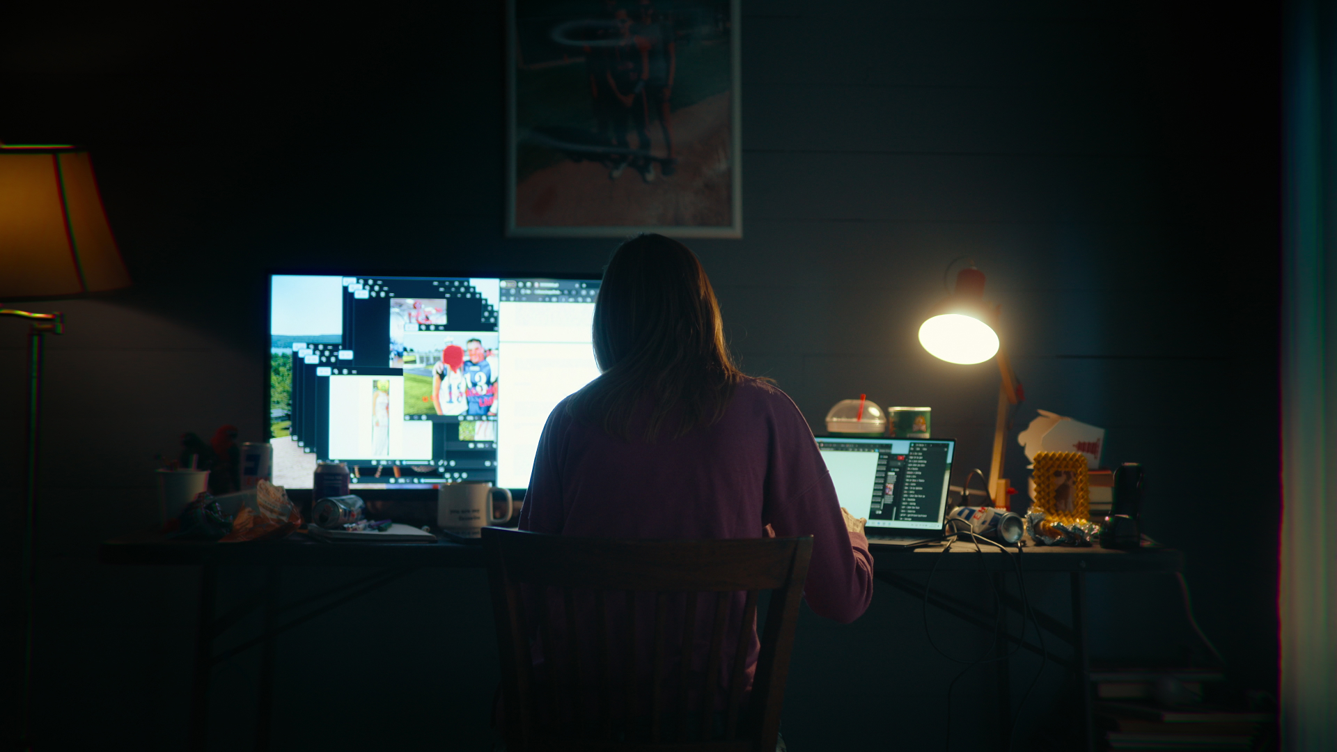 A woman facing away from the camera works on a desktop computer and laptop in a dark room with a desk lamp on, in 'Unknown Number: The High School Catfish' on Netflix.