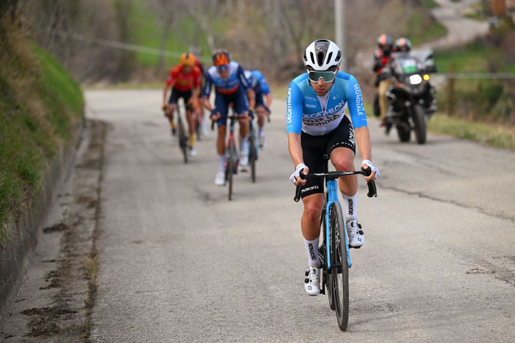 VALLE CASTELLANA ITALY MARCH 08 Andrea Vendrame of Italy and Team DecathlonAg2R La Mondiale compete in the breakaway during the 59th TirrenoAdriatico 2024 Stage 5 a 144km stage from Torricella Sicura to Valle Castellana 615m UCIWT on March 08 2024 in Valle Castellana Italy Photo by Tim de WaeleGetty Images