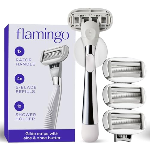 Flamingo Shaving Razor Set for Women - Razor Handle, 4 Razor Blade Refills, Shower Holder - Chrome