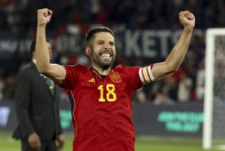 Jordi Alba celebrates after helping Spain win the Nations League in 2023.