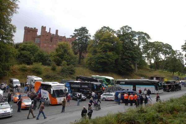 Team buses at start by Powis Castle