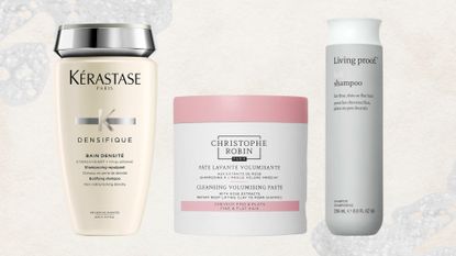 Trio of the best shampoos for fine hair (L-R) from Kerastase, Christophe Robin and Living Proof, on a beige background with soapy foam images
