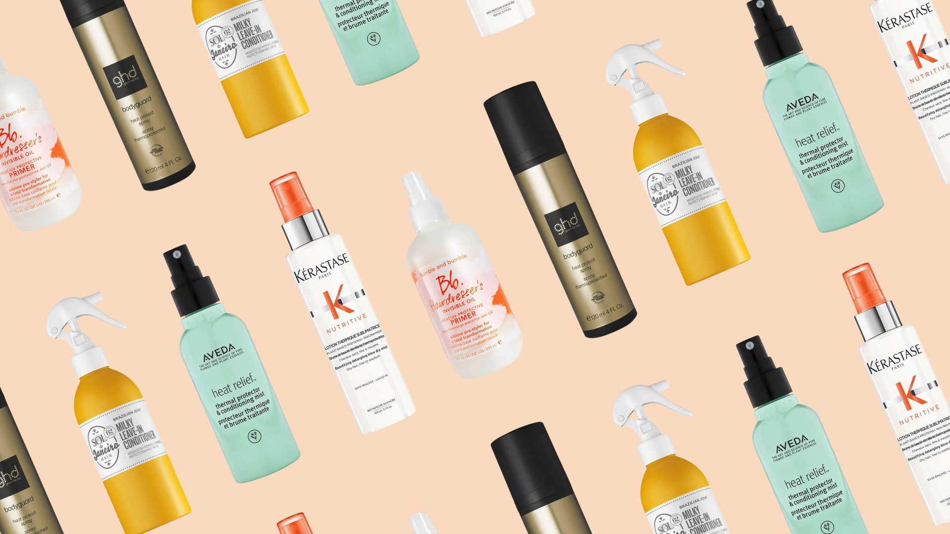 Sol De Janeiro, Aveda, Kérastase, Bumble and Bumble and ghd heat protection sprays alternating diagonally in a pattern
