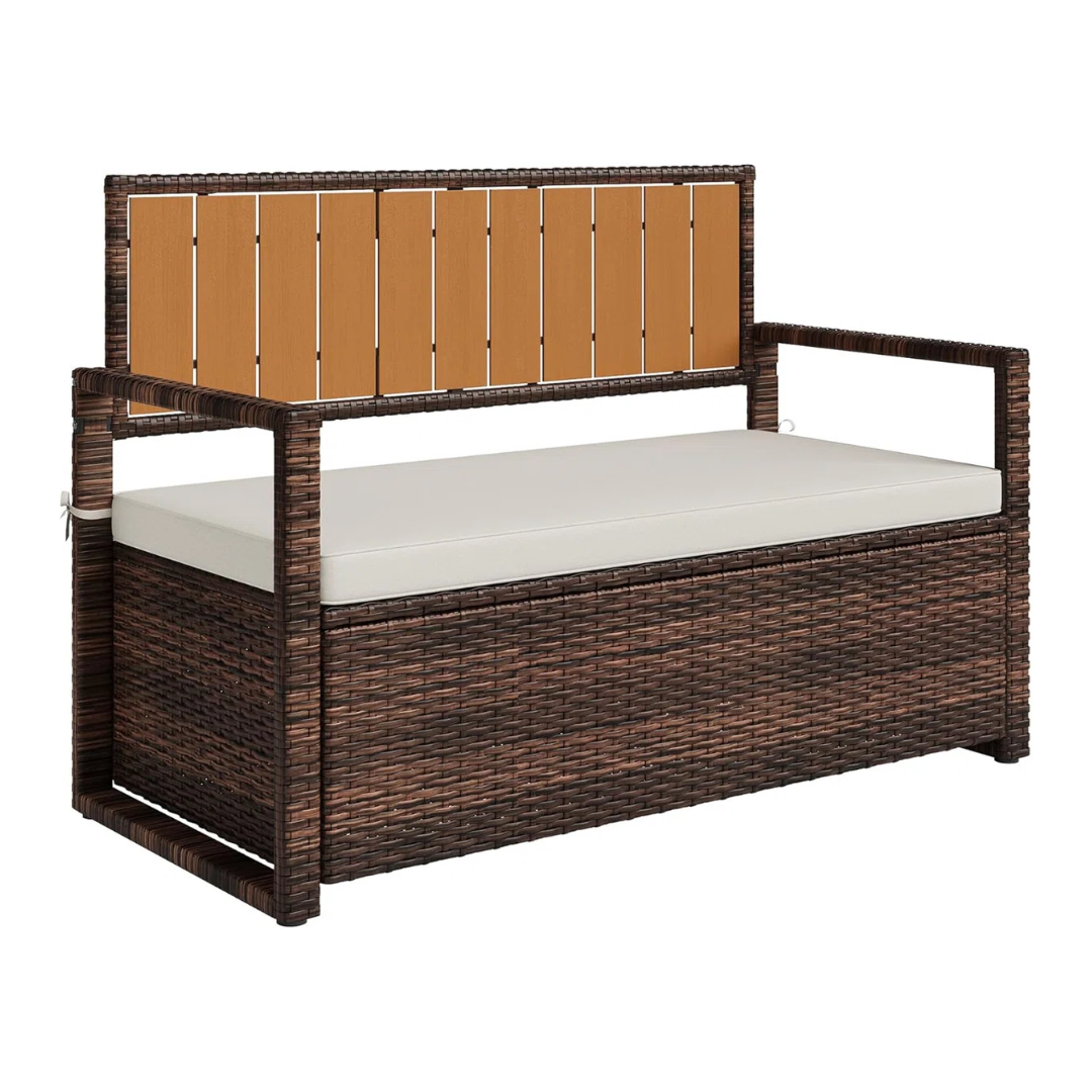 Red Barrel Studio&amp;reg; 75 Gal Pe Rattan Deck Box With Backrest &amp;amp; Waterproof Cushion &amp;ndash; Outdoor Storage Bench With Wood Armrests &amp;amp; Metal Frame for Patio, Garden, Poolside | Wayfair