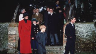 british royals diana, princess of wales 1961 1997, wearing a red coat with a black hat, zara phillips, prince andrew, duke of york, prince edward, peter phillips and prince charles attend the christmas day church service at st mary magdalene church in sandringham, norfolk, england, 25th december 1993 photo by princess diana archivegetty images