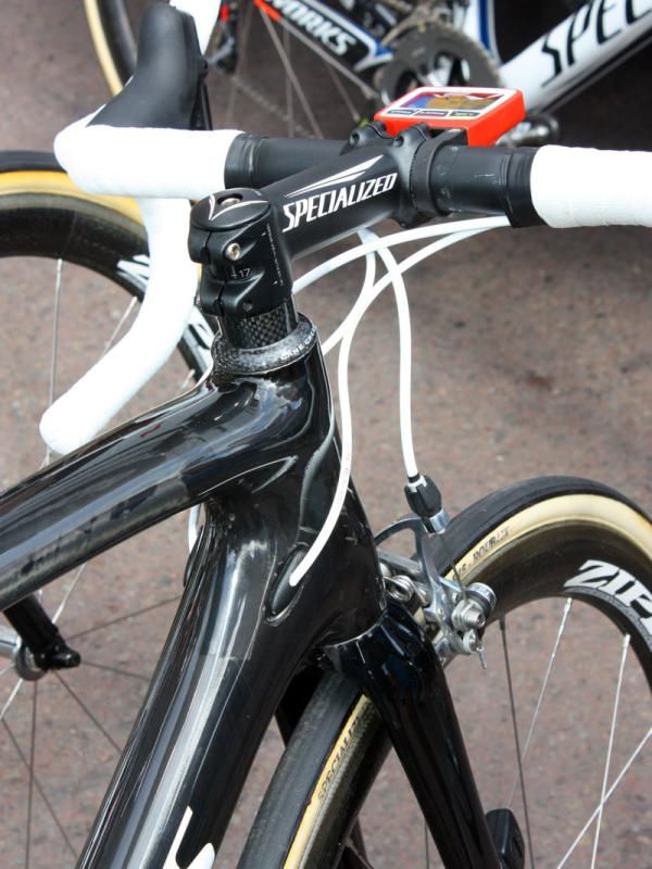 Internal routing on Saxo Bank's Specialized S-Works Tarmac SL3 helps protect the cables in inclement conditions.