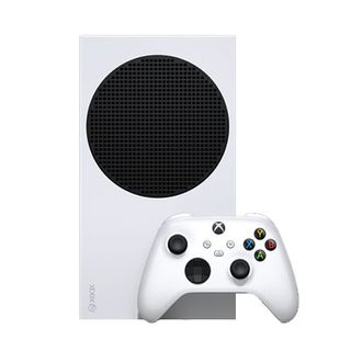 A product shot of the Xbox Series S console and controller on a white background