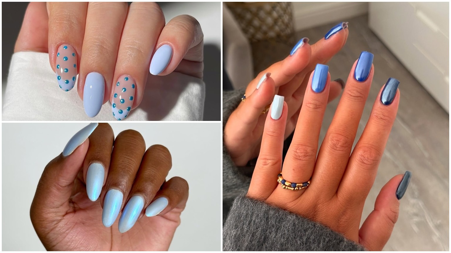 a collage of three blue chrome manicures
