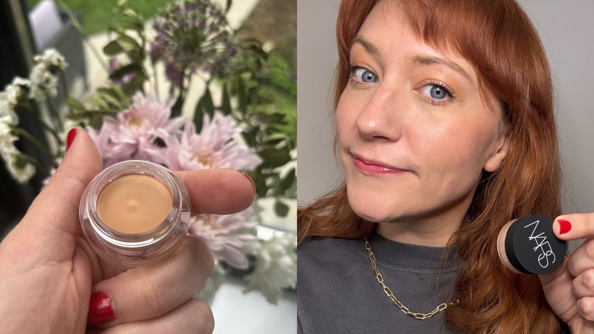 A hand holding the nars concealer as well as a headshot of matilda wearing it 