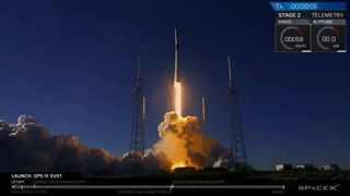 A SpaceX Falcon 9 rocket carrying the new GPS III SV01 navigation satellite for the U.S. Air Force lifts off from a pad at the Cape Canaveral Air Force Station in Florida on Dec. 23, 2018.
