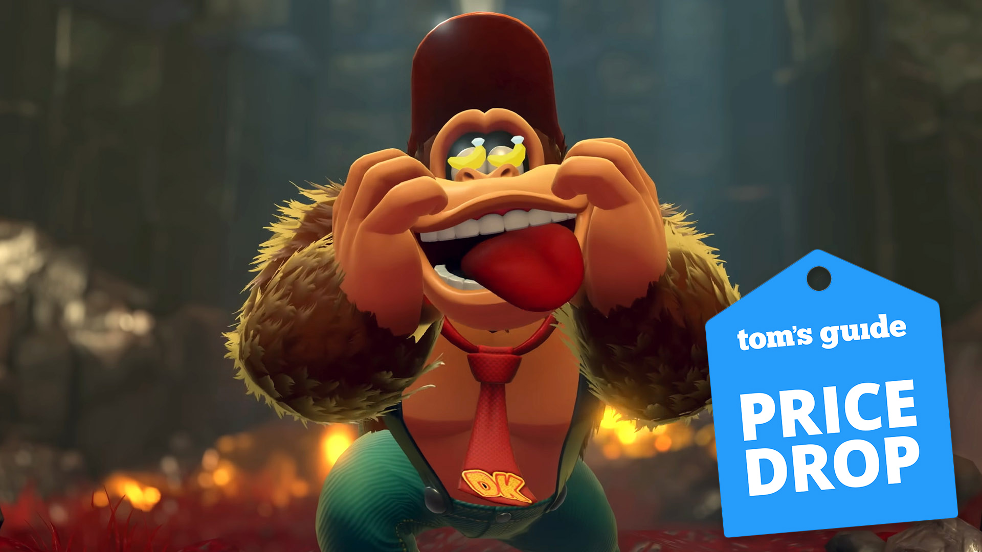 Donkey Kong Bananza screenshot with &#039;Price Drop&#039; badge overlaid