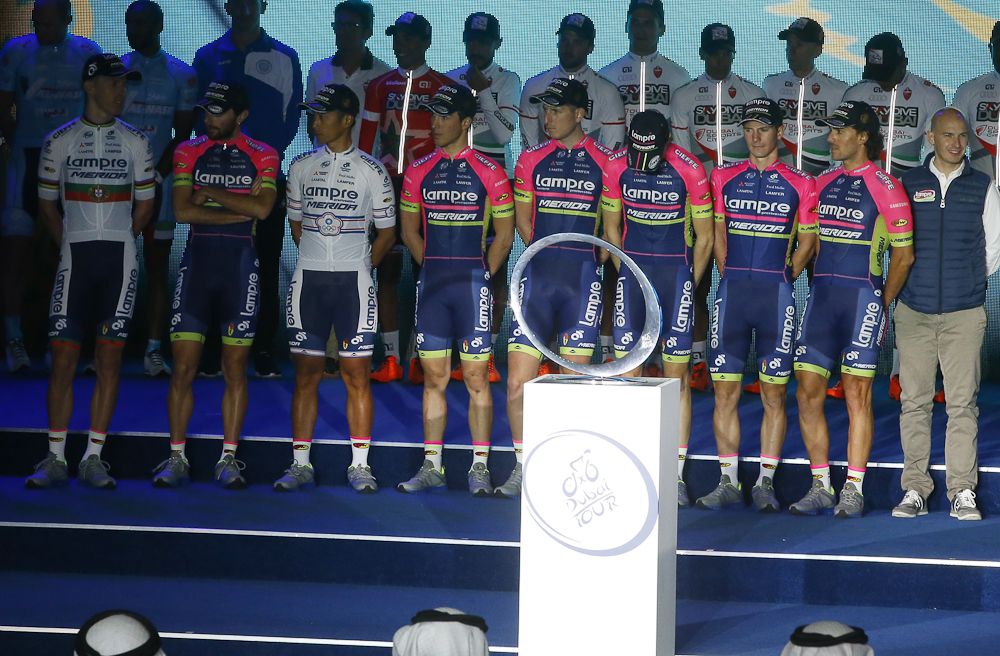 Lampre-Merida on stage at the Tour of Dub ai team presentation.