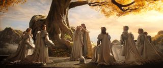 An image from The Lord of the Rings: The Rings of Power episode one showing Morfydd Clark (Galadriel) and Benjamin Walker (High King Gil-galad).