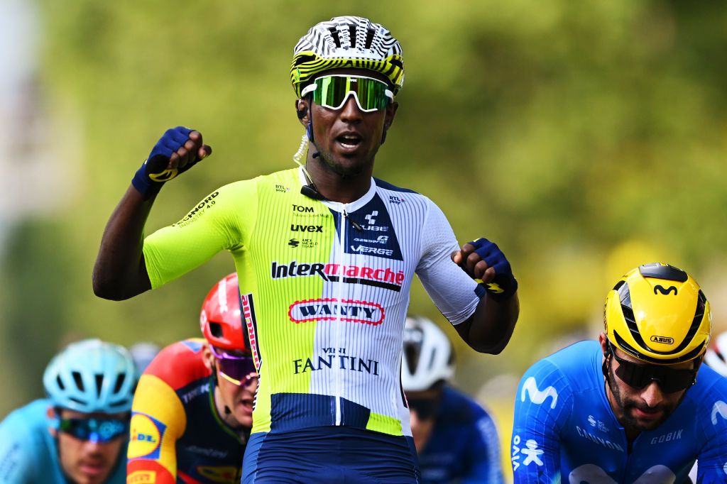 TORINO ITALY JULY 01 EDITORS NOTE Alternate crop Biniam Girmay of Eritrea and Team Intermarche Wanty celebrates at finish line as stage winner during the 111th Tour de France 2024 Stage 3 a 2308km stage from Piacenza to Torino UCIWT on July 01 2024 in Torino Italy Photo by Dario BelingheriGetty Images