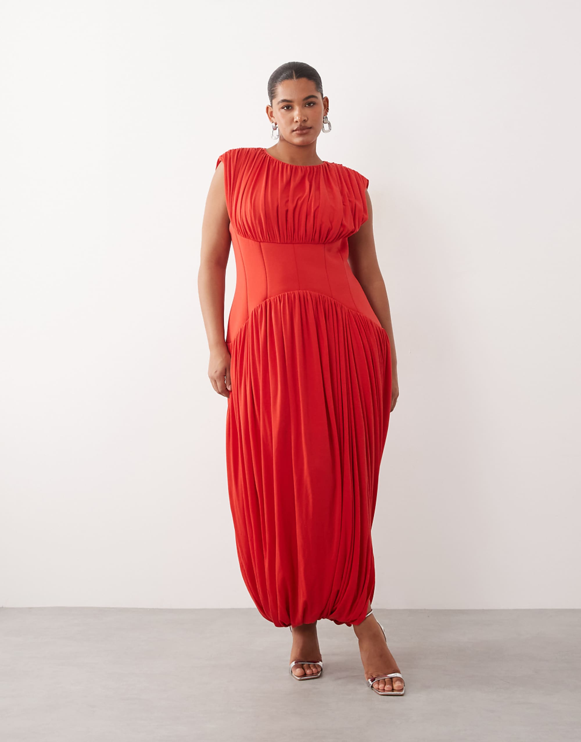 Arrange Curve Gathered Drape Maxi Dress With Cinched Waist in Red