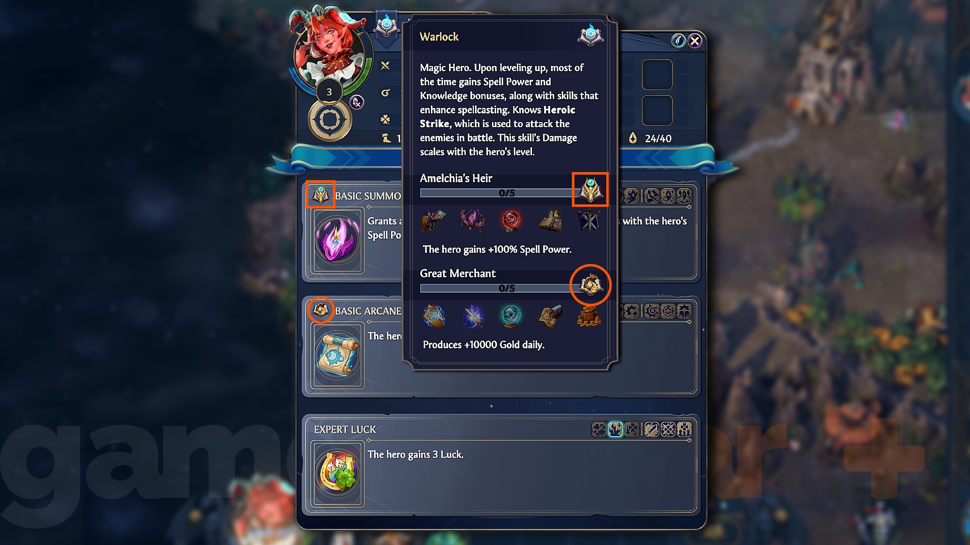 Orange icons highlight how to choose the best skills for obtaining an elite class in Heroes of Might and Magic Olden Era.