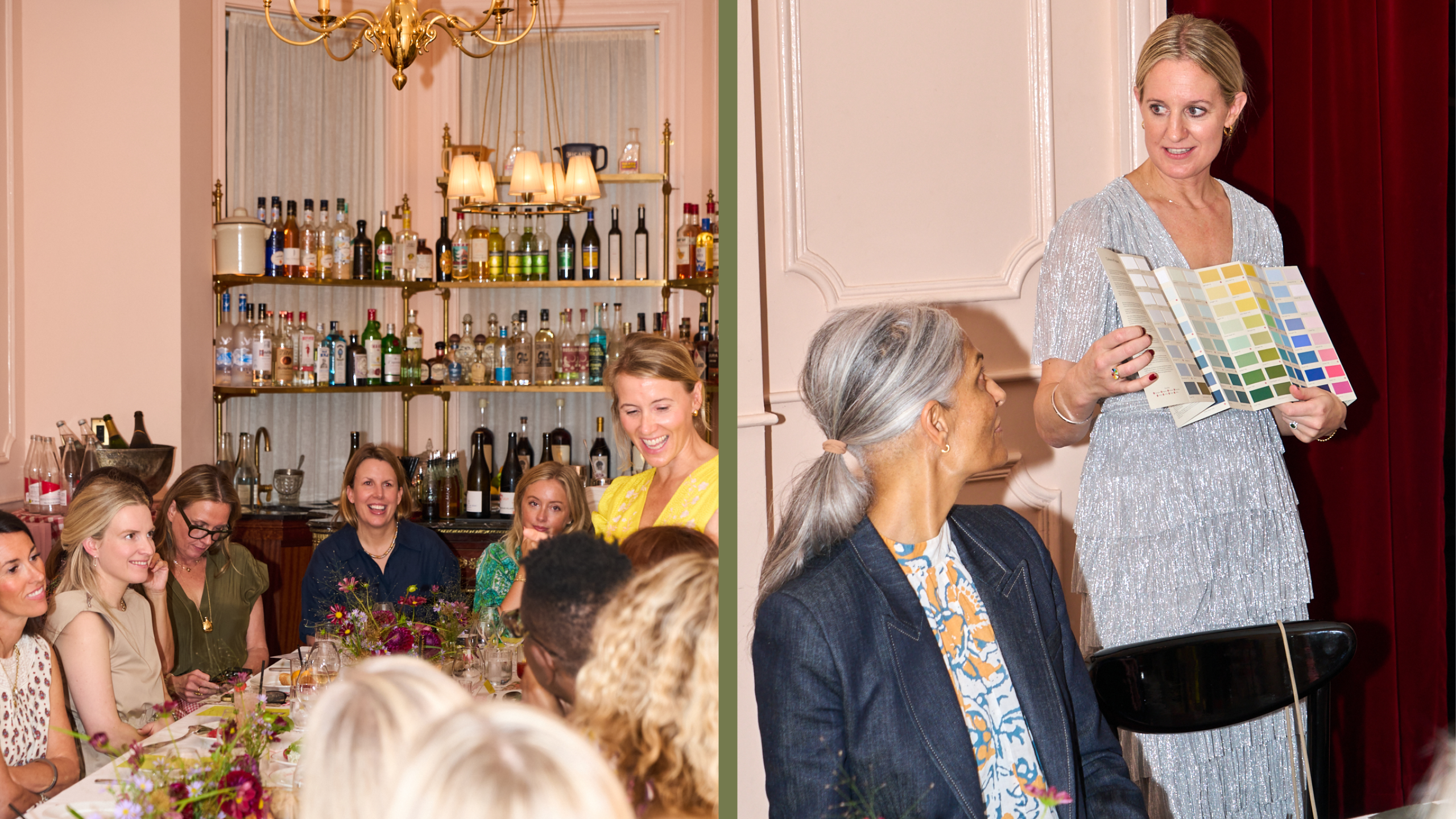 two shots, showing women presenting to table