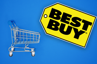 A shopping cart and the Best Buy logo on a blue background.