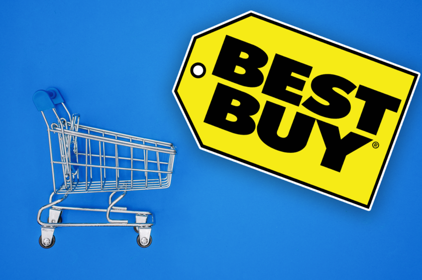 A shopping cart and the Best Buy logo on a blue background.